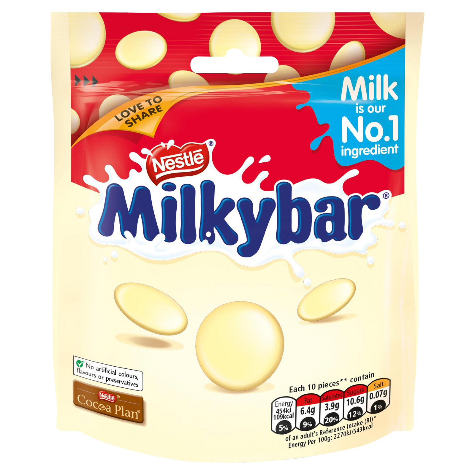 Nestle Milkybar white chocolate sharing bag featuring creamy white chocolate pieces in a colorful plastic bag.