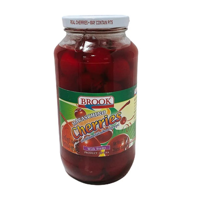 Brook Maraschino Cherries in syrup, 794g jar, showing red cherries submerged in sweet syrup for baking and dessert use.