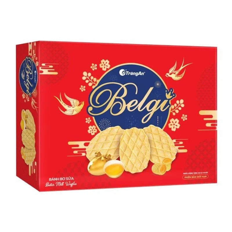 BELGI Waffle Butter Milk snack, 18g x 18 packs, dry grocery confectionery with crispy waffle and creamy butter flavor.