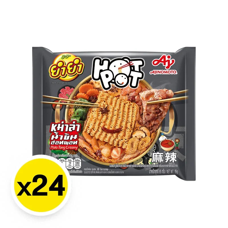YUMYUM Hotpot Instant Noodle Mala Creamy flavor, 95g pack, dry grocery product with 24 servings in the image.