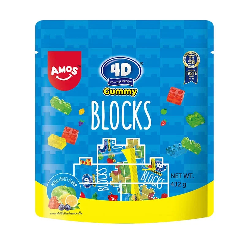 Amos 4D Gummy Blocks snack in a 432g package, colorful gummy confectionery for dry grocery and snack lovers.