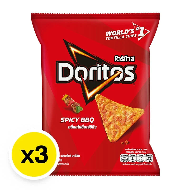 DORITOS Spicy BBQ Corn Tortilla Chips, 50g pack, showing crispy chips with spicy BBQ seasoning in a snack bag.