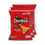 Doritos Spicy BBQ corn tortilla chips in a 50g snack pack, stacked in a clear bag, showing the crispy chips with spicy seasoning.