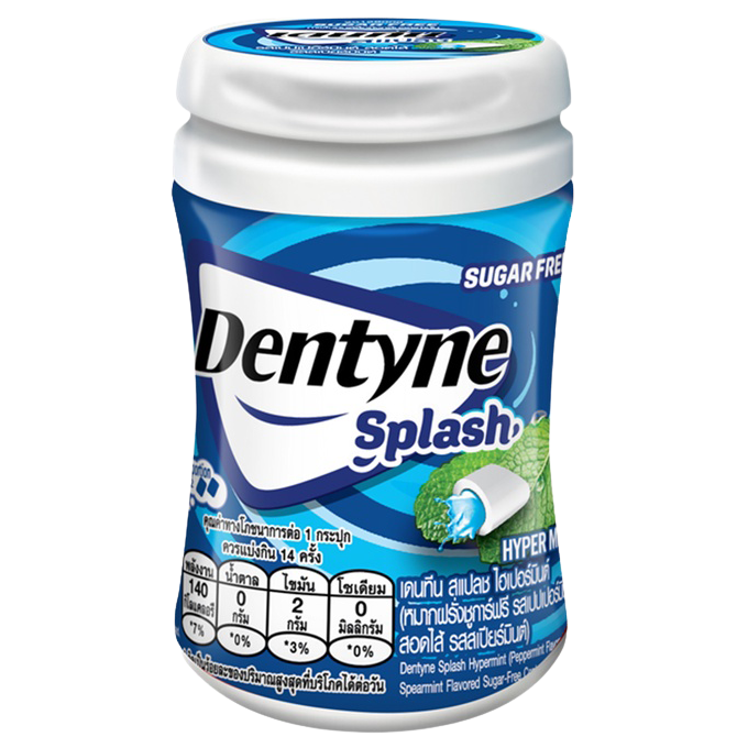 Trident Splash Hypermint chewing gum pack with vibrant packaging, showcasing fresh mint flavor and confectionery snack branding.