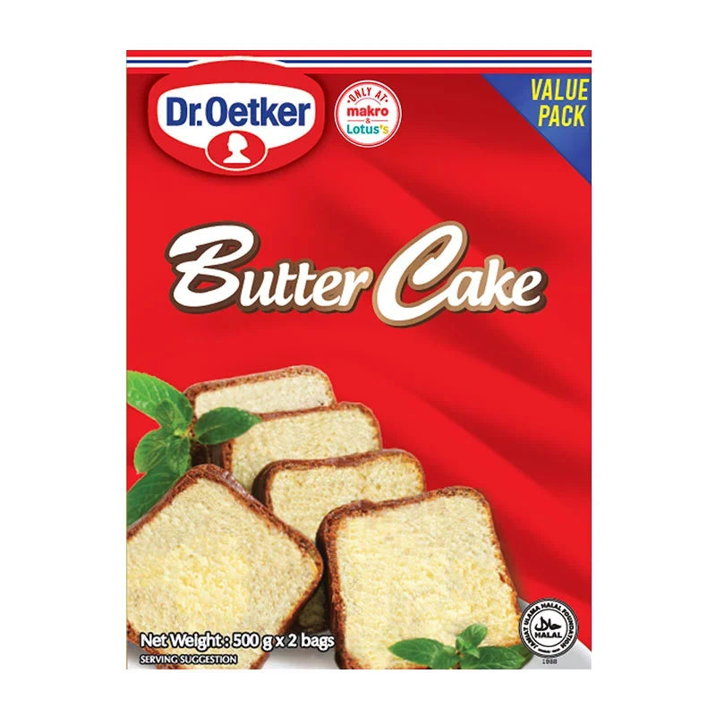 DR.OETKER butter cake mix flour in 500g packets, shown in a clear image of the dry grocery product.