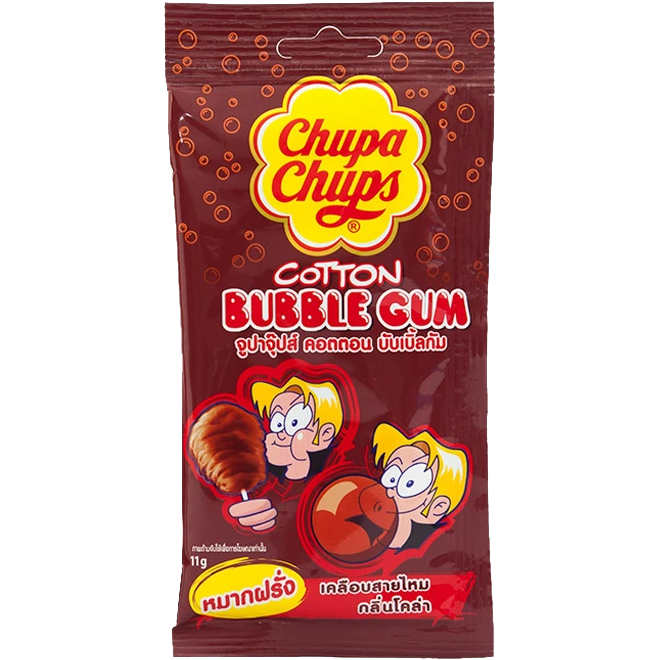 Chupa Chups Cotton Bubble Gum assorted flavors, including strawberry, in colorful packaging of confectionery snacks.