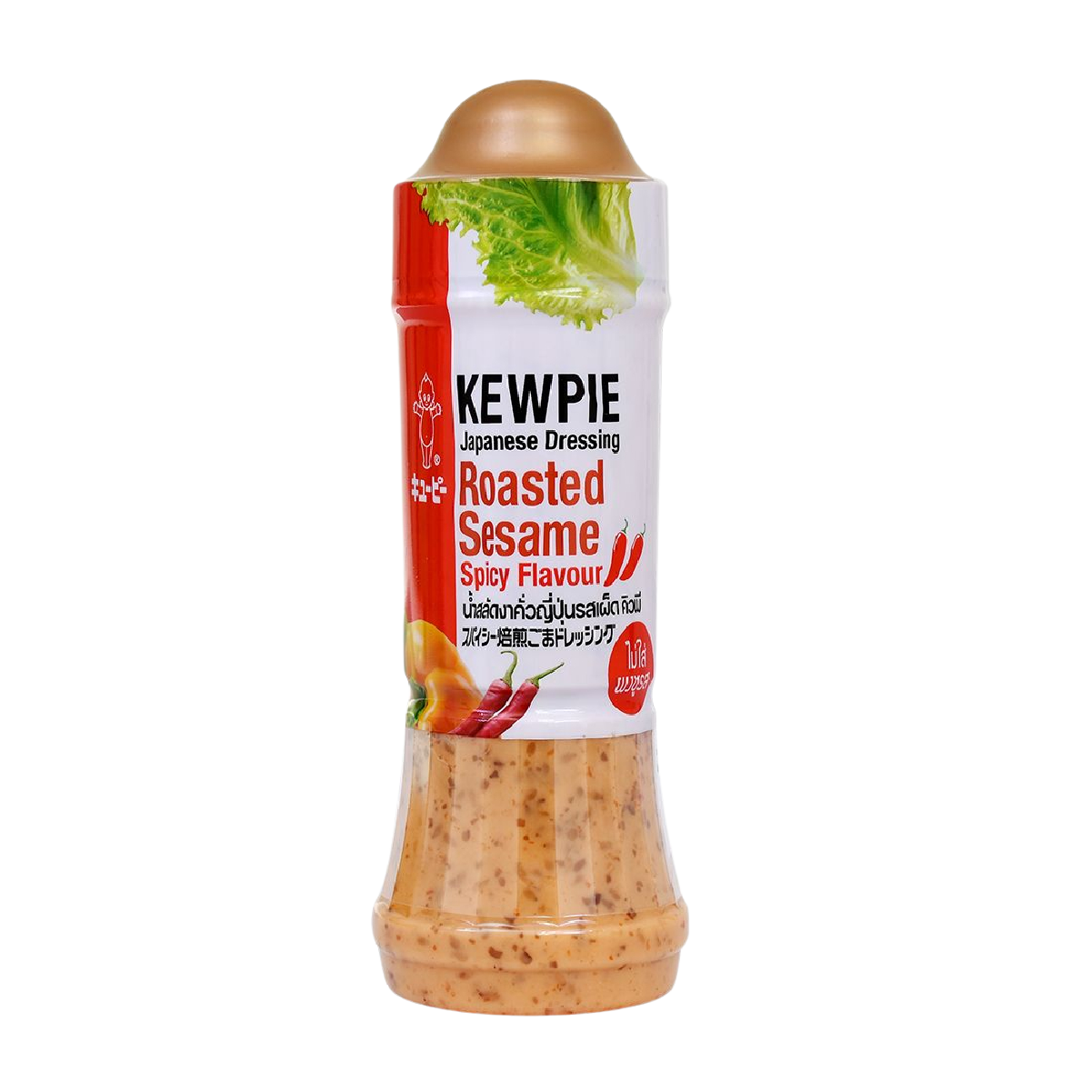 Kewpie Spicy Roasted Sesame Dressing bottle with label, showing vibrant sesame and spice ingredients for salads and Asian dishes.