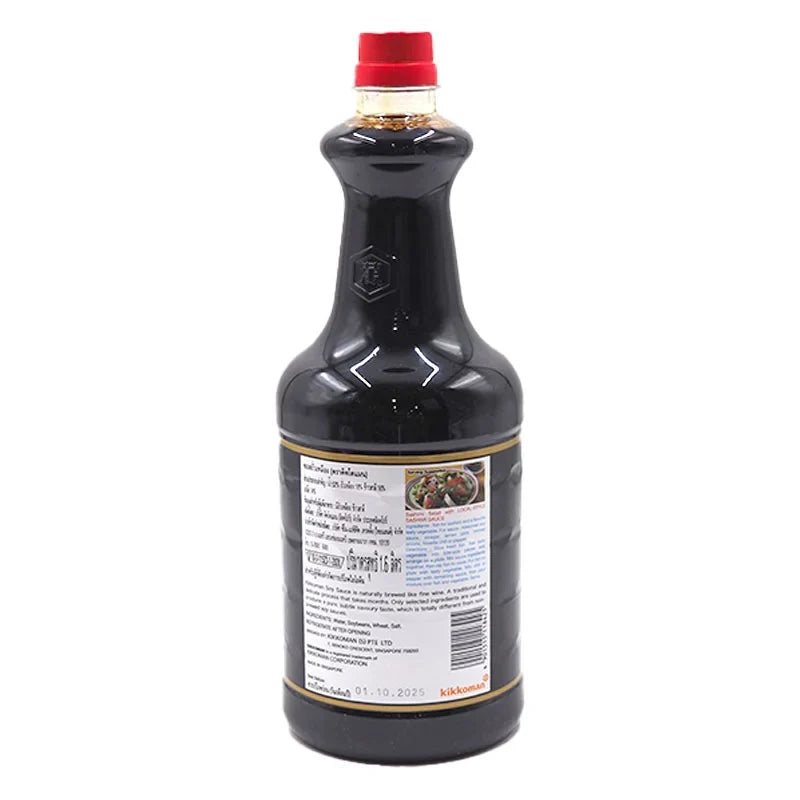 Kikkoman Soy Sauce 1.6L bottle, traditional Japanese soy sauce in clear plastic container, ideal for cooking and seasoning.