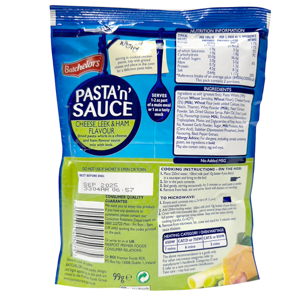 Batchelors Pasta Sauce Cheese Leek & Ham flavor in a jar, creamy sauce with visible cheese, leeks, and ham chunks.
