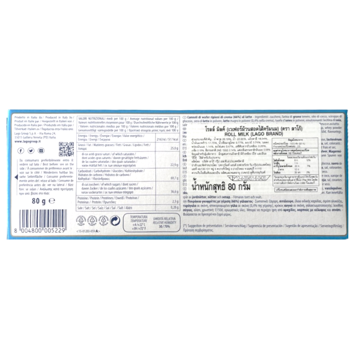 Lago Roll Break Milk confectionery snack with creamy milk-flavored rolled candy in colorful packaging