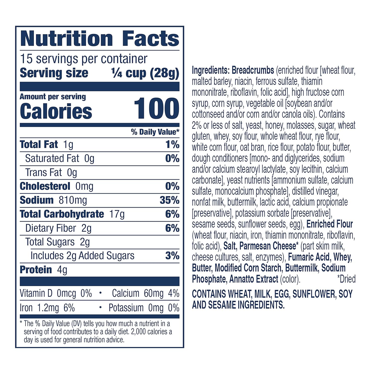 Progresso Parmesan bread crumbs in a clear container, ready for cooking or baking, with a golden breadcrumb appearance.