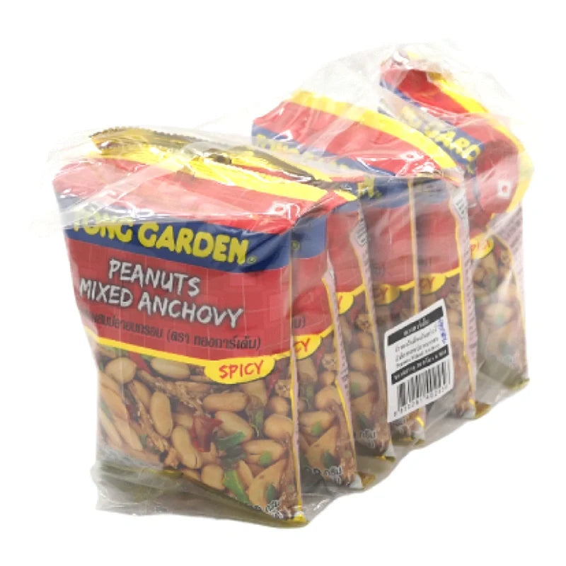 Tong Garden Peanuts Mixed Anchovy snack in 28g packs, displayed in a clear image showing the snack packaging and contents.