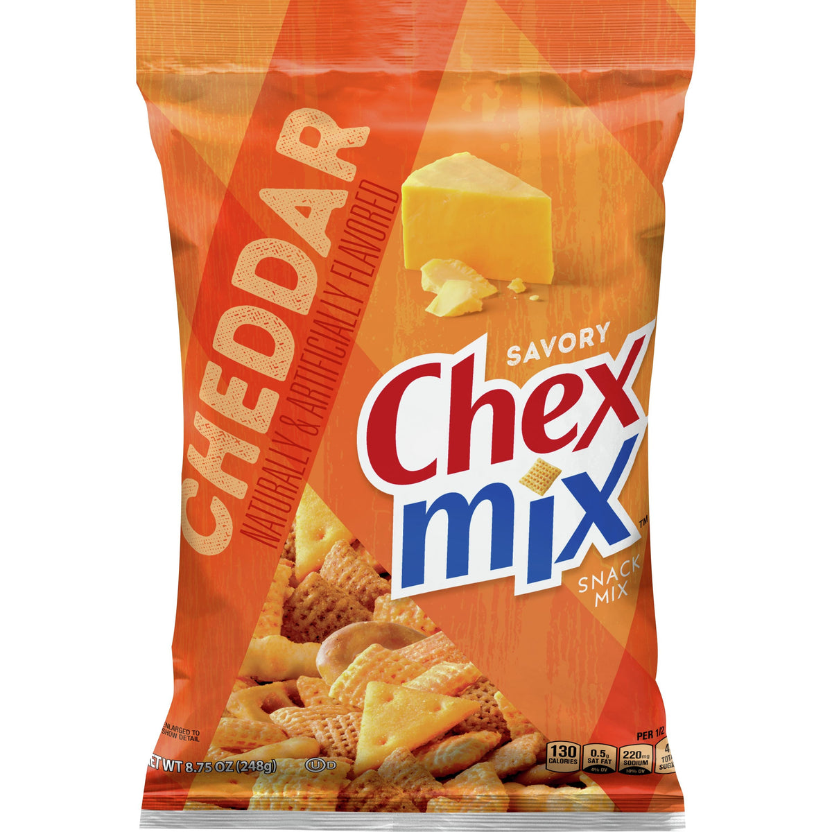Cheddar-flavored Chex Mix snack by General Mills with crunchy cereal pieces and a cheesy coating.