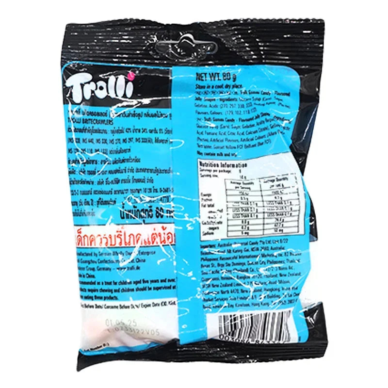 TROLLI Gummy Brite Crawlers in 80g pack, colorful chewy gummy candies with bright, vibrant colors and worm shapes.