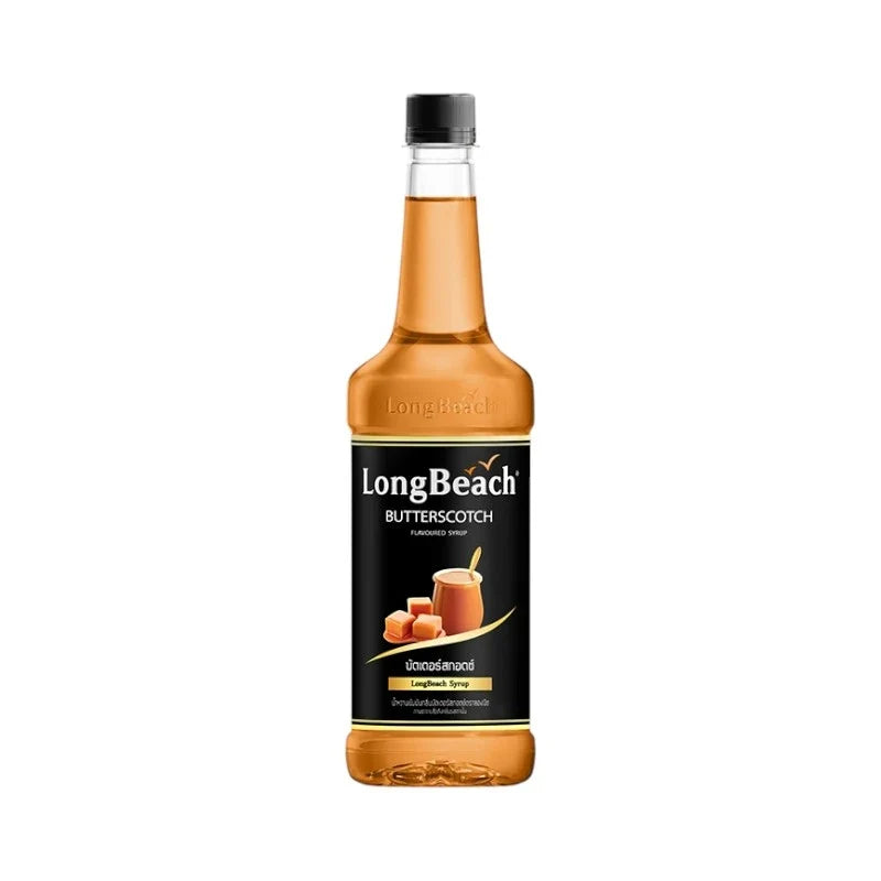 LongBeach Butterscotch Syrup bottle from dry grocery, with a rich caramel color and label displaying the brand and product name.