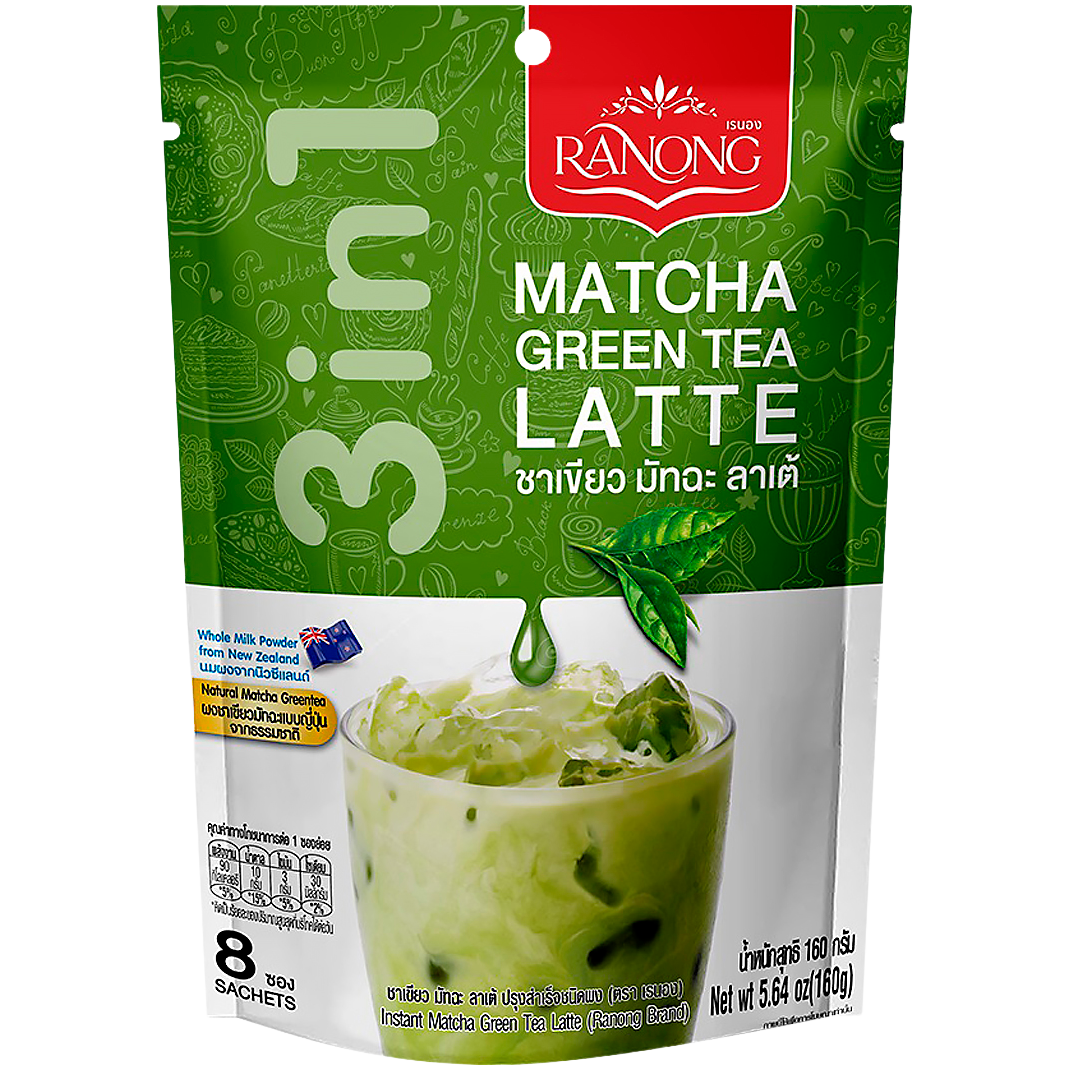 Ranong Tea Matcha Green Latte 3-in-1 drink mix in a packet, featuring green tea, matcha powder, and latte ingredients.