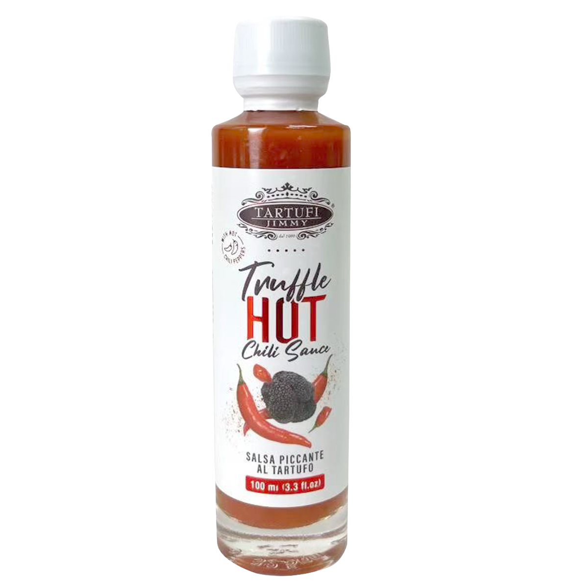 Tartufi Jimmy Hot Truffle Chili Sauce in a glass jar, showcasing vibrant red chili and truffle ingredients for gourmet flavor.
