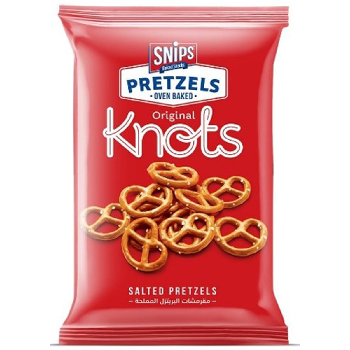 Snips Pretzels Original Knots, crunchy confectionery snack with twisted pretzel shapes and golden-brown color.