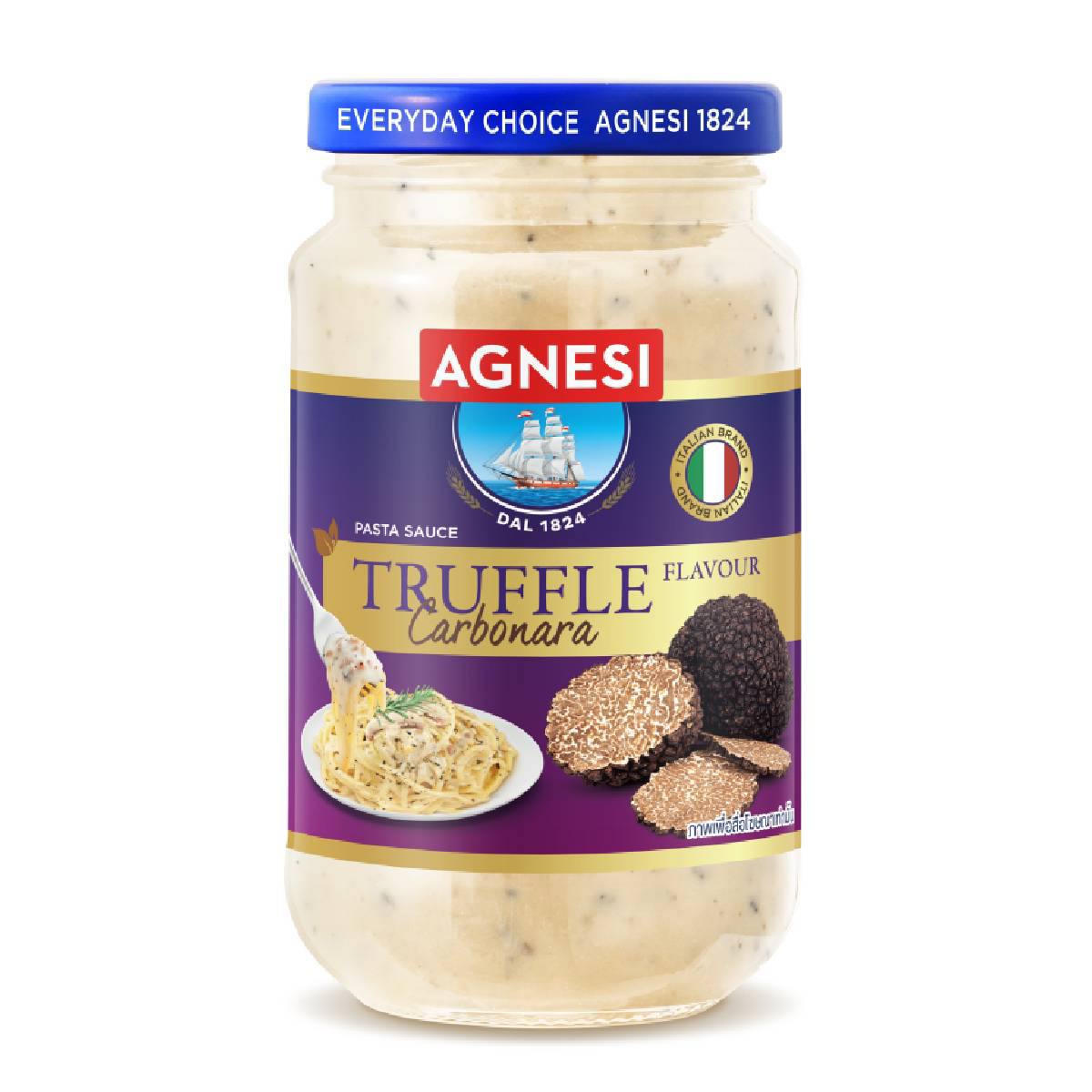 Agnesi Pasta Sauce Truffle Carbonara in a jar, creamy Italian sauce with truffle flavor, perfect for pasta dishes.