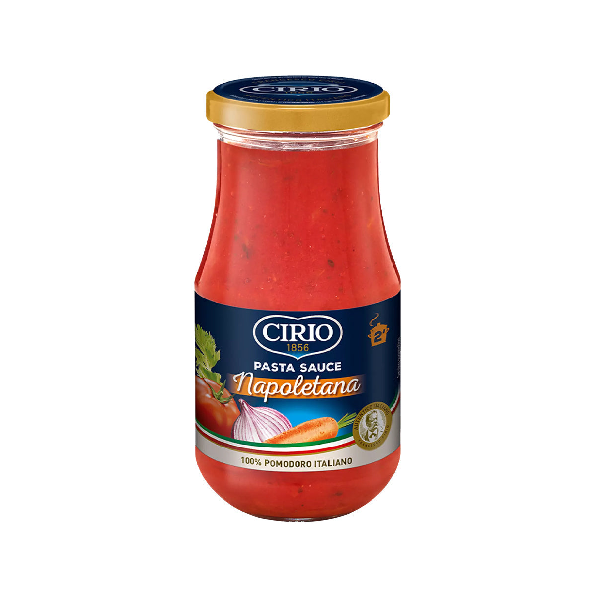 Jar of Cirio Pasta Sauce Napoletana with fresh herbs and tomatoes, showing the vibrant, red tomato-based sauce inside.