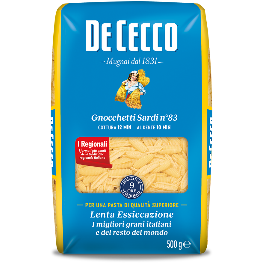 De Cecco Gnocchetti Sardi pasta, Italian grocery product, close-up of the small, ridged pasta shapes in a bowl.