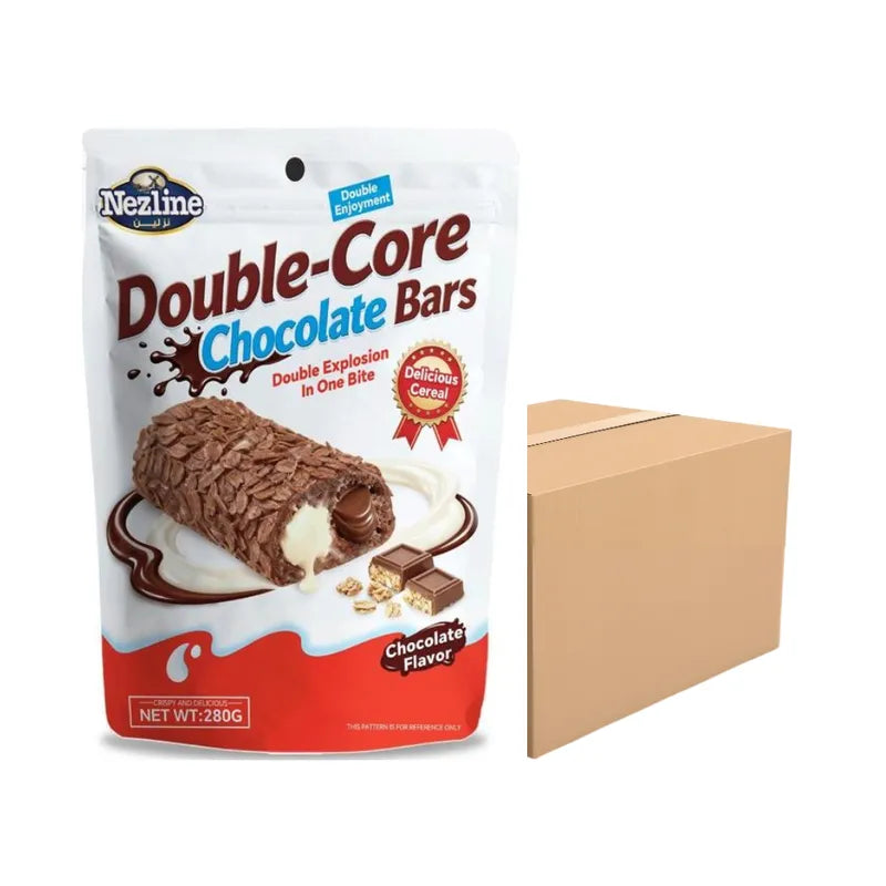Nezline Double Core Chocolate Bar showing layered milk and dark chocolate with a smooth, creamy filling inside.