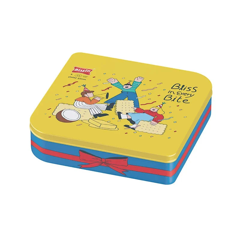 BISSIN Butter Bliss tin of 243g, featuring a colorful label with images of buttery snacks and confectionery inside.