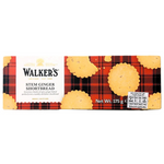 Walkers Stem Ginger Shortbread, confectionery snack, showing golden-brown shortbread cookies with visible ginger pieces.