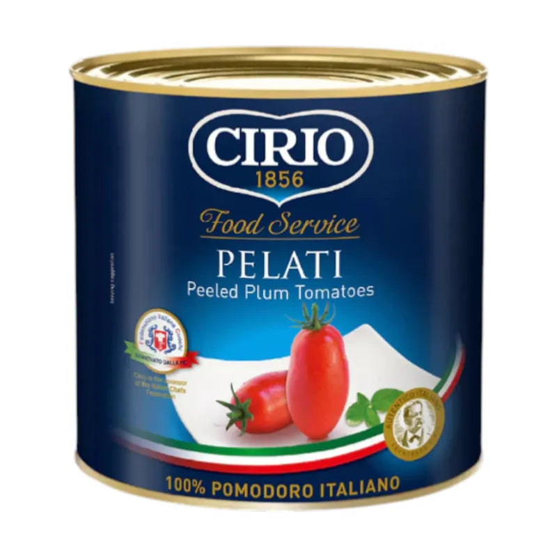 Cirio peeled tomatoes in 2.5kg dry grocery package, showcasing ripe, whole tomatoes ready for cooking.
