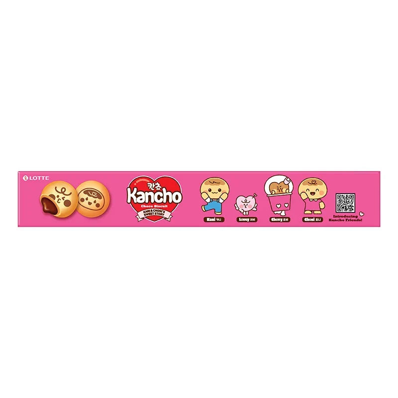 Lotte Kancho Biscuit Choco snack box with bite-sized chocolate-filled biscuits in a colorful package.