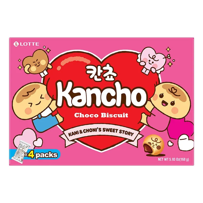 Lotte Kancho Biscuit Choco snack box showing individually wrapped chocolate-filled biscuit sticks on a white background.