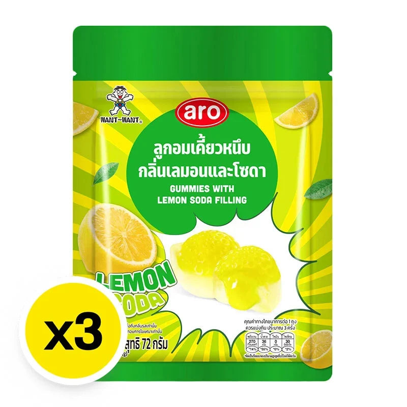 ARO Gummy Lemonsoda snacks in 72g packages, colorful gummy candies shaped like lemons and soda bottles, in a clear bowl.