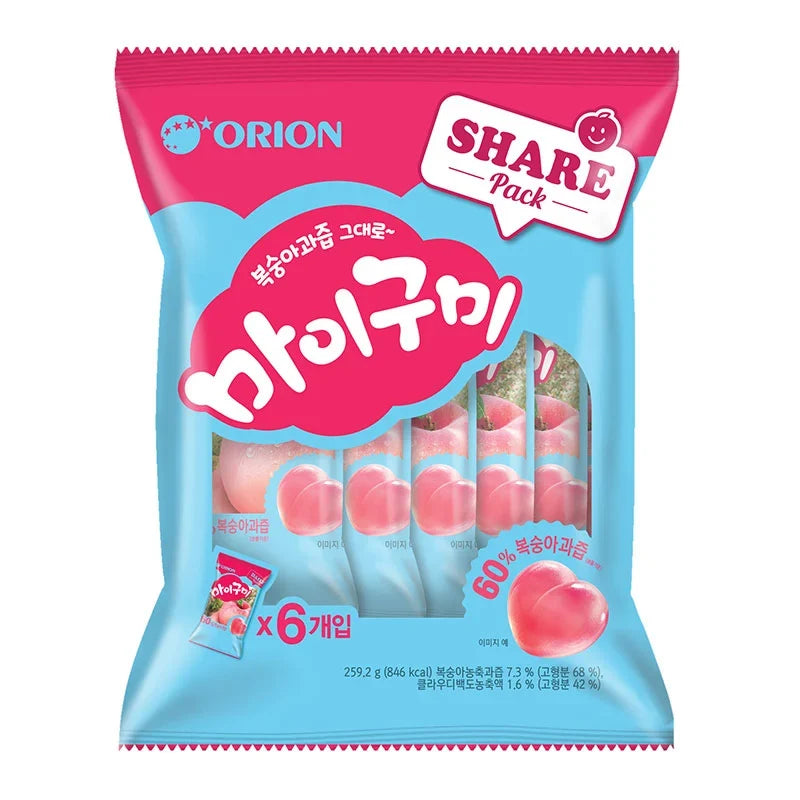 Orion My Gummy Peach snack bag, 259g, featuring peach-shaped gummy candies in a colorful, resealable package.