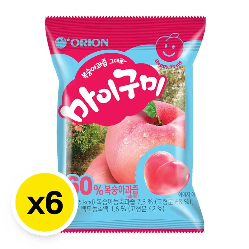 Orion My Gummy Peach snack in 259g package, soft peach-flavored gummy candies from Orion dry grocery confectionery.
