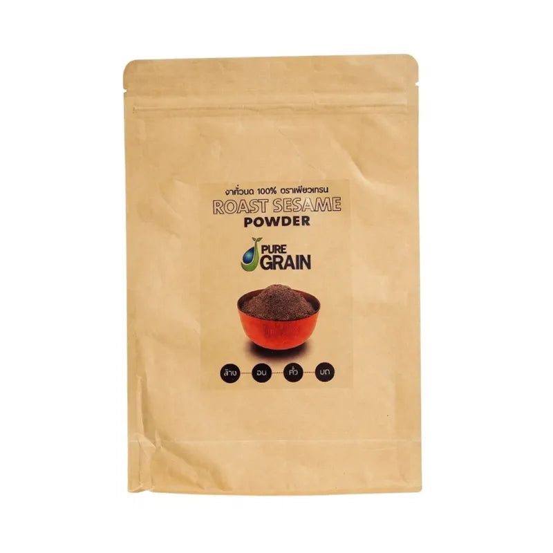 Pure Grain 100% ground roasted black sesame in a 500g package, showing the dark toasted sesame seeds in a dry grocery product image.