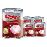 Canned Malee lychee in heavy syrup, 8.25 oz, displayed in the original packaging on a grocery shelf.