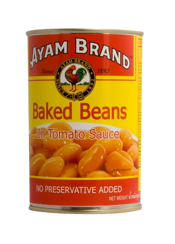 Canned Ayam baked beans in tomato sauce, showing the label and beans inside the open can on a white background.