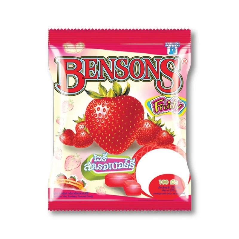Bencons Fruity Candy Very Strawberry 270g package showing colorful strawberry-flavored candies in a clear bag.