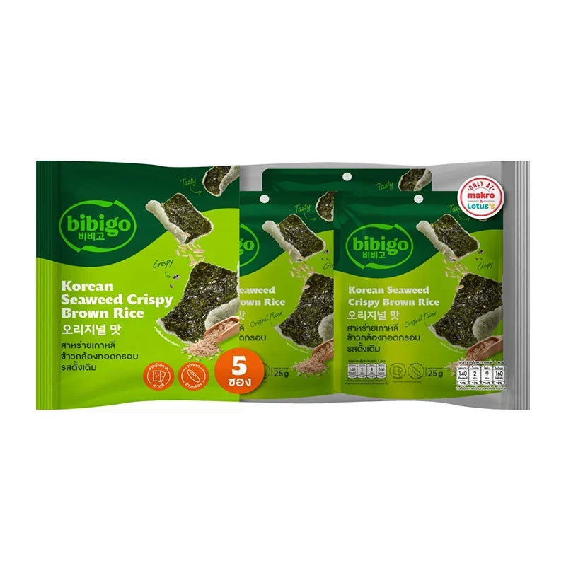 Bibigo Seaweed Crispy Brown Rice snack in 125g pack, dry grocery, snack and confectionery product with seaweed flavor and crispy texture.