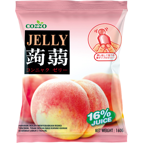 Cozzo Konnyaku Jelly Peach, soft peach-flavored confectionery snack with translucent jelly texture and vibrant peach color.