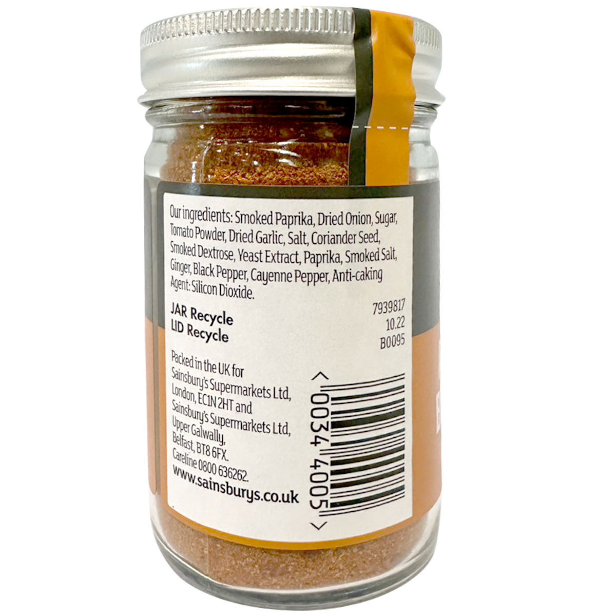 Sainsbury's Itc Mild & Smoky BBQ Seasoning jar with label, ideal for grilling and flavorful barbecue dishes.