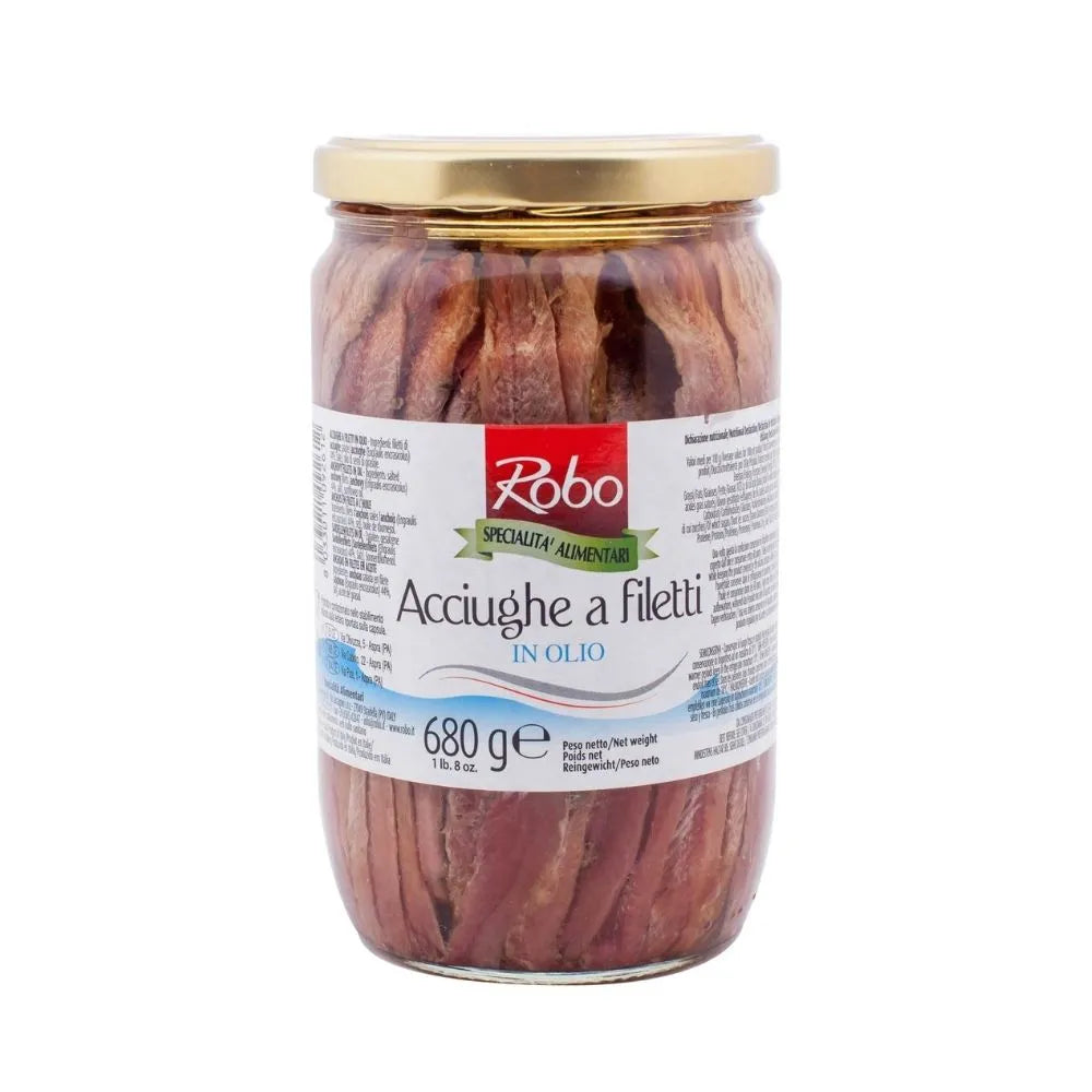 Robo Anchovy Fillets in sunflower oil, 680g jar, showing shiny, whole anchovies submerged in golden sunflower oil.