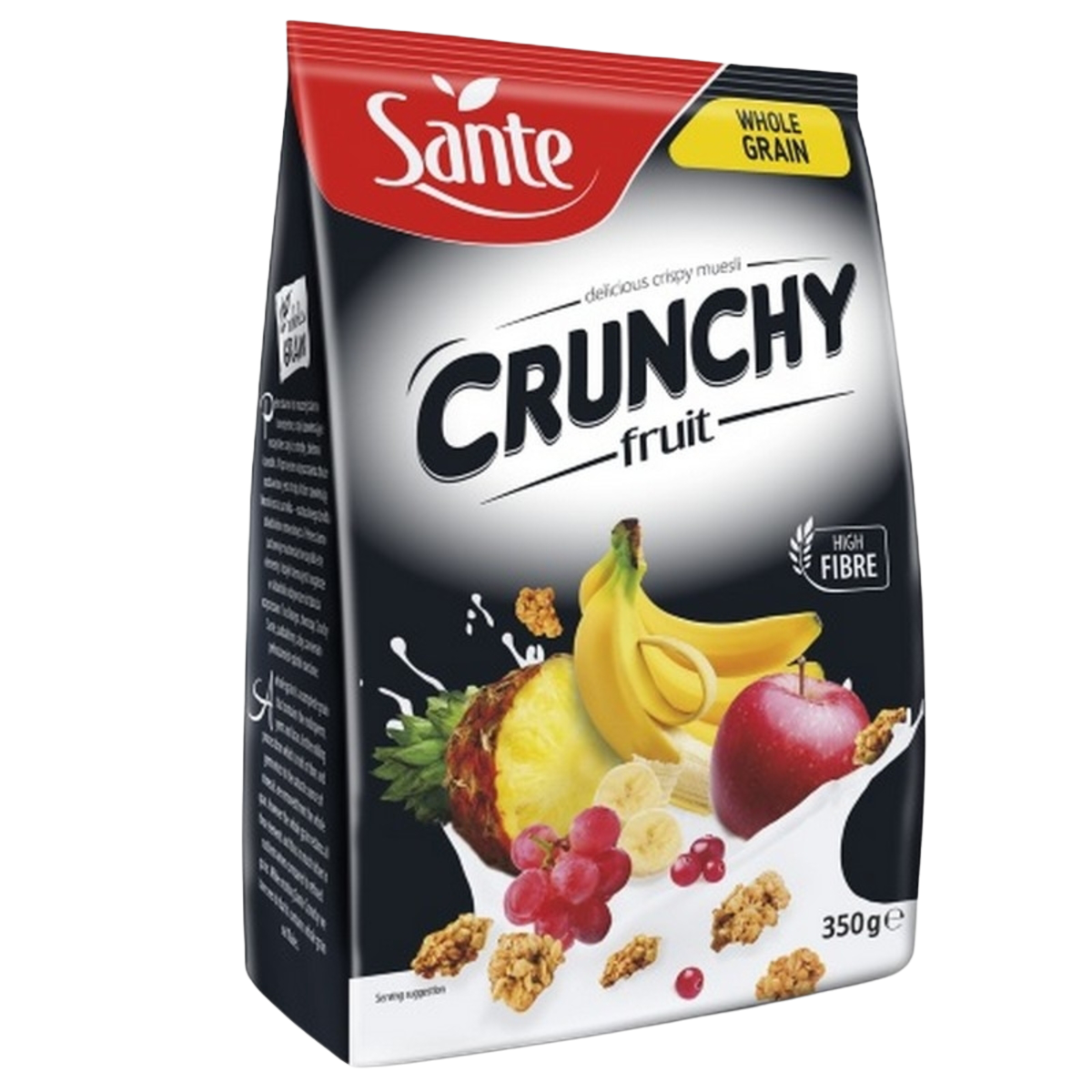 Sante Crunchy Fruit Oat Flakes in a bowl with fresh fruits and milk, showing the cereal's crispy texture and colorful ingredients.