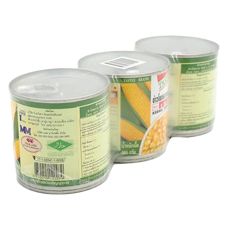 Tastee Sweet Corn in 340g cans, packed in a set of three, from TASTEE, ideal for dry grocery use.