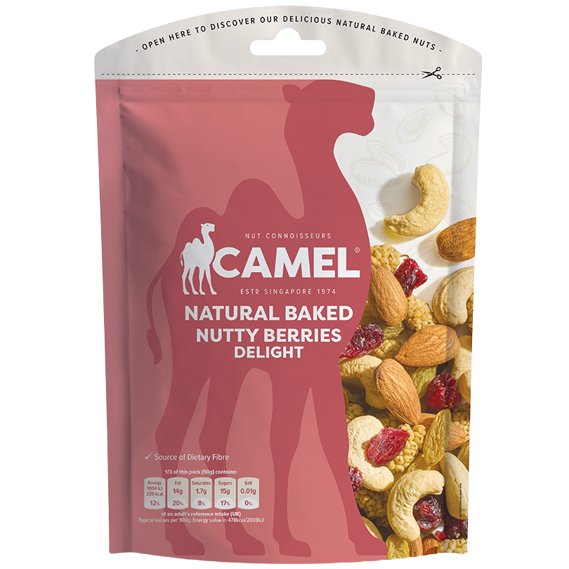 Camel Nutty Berries confectionery snacks featuring mixed nuts and dried berries in a colorful package.