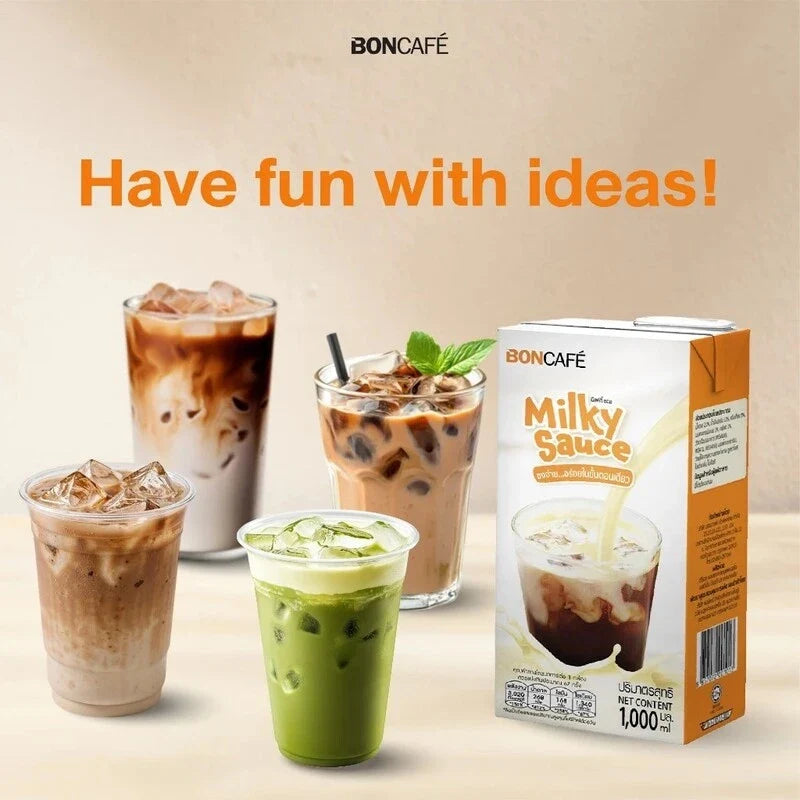 Boncafe Milky Sauce in dry grocery packaging, showing the product label and container for use in beverages or desserts.