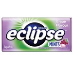 Wrigleys Eclipse Sugarfree Mints in grape flavor, purple and white packaging, displayed on a flat surface.