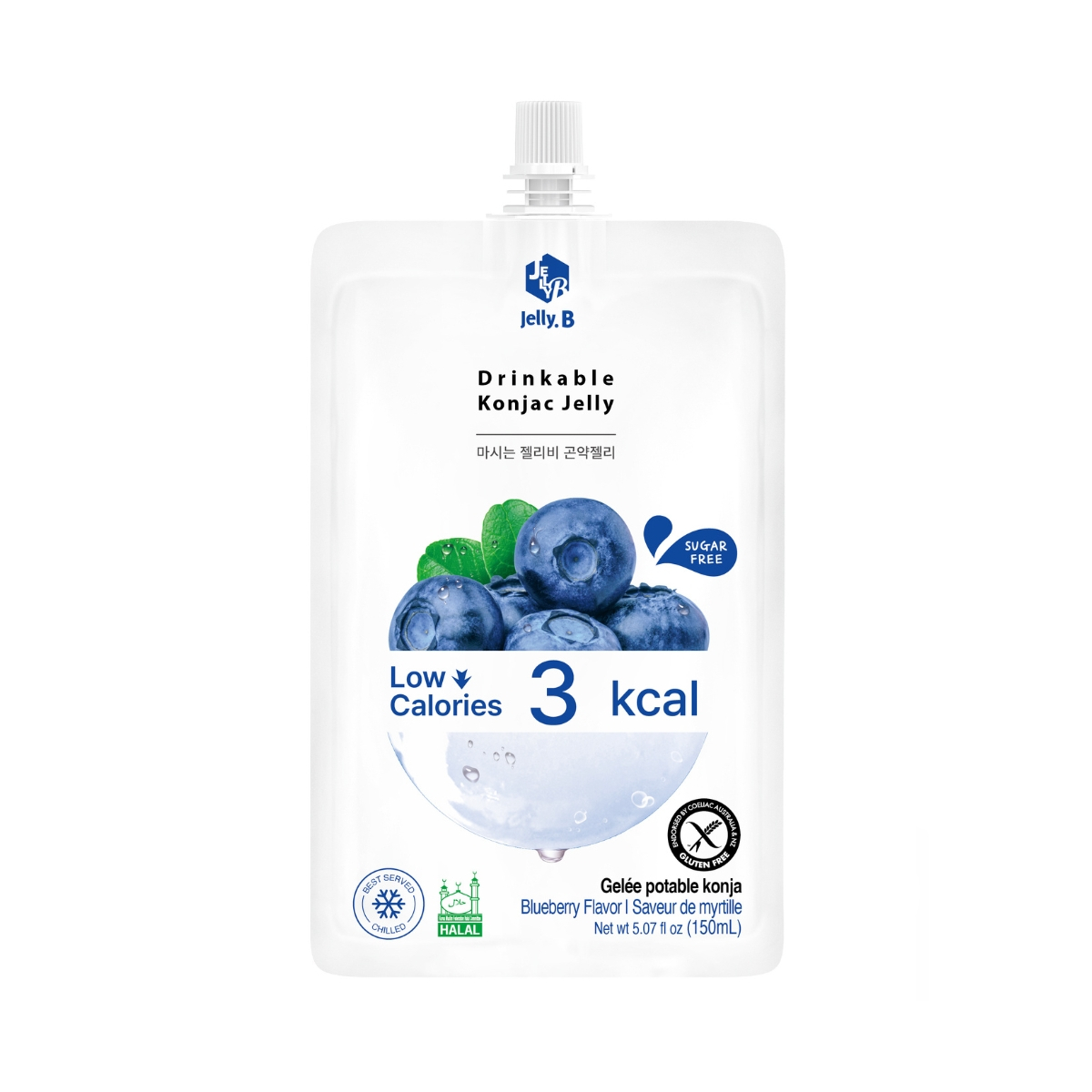 Blueberry flavored Konjac Jelly snack by Jelly B, showing soft, translucent blue jelly pieces in a close-up image.