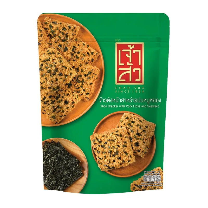 Chao SUA shredded pork and seaweed rice crackers in 80g pack, savory Asian snack from dry grocery snack collection.