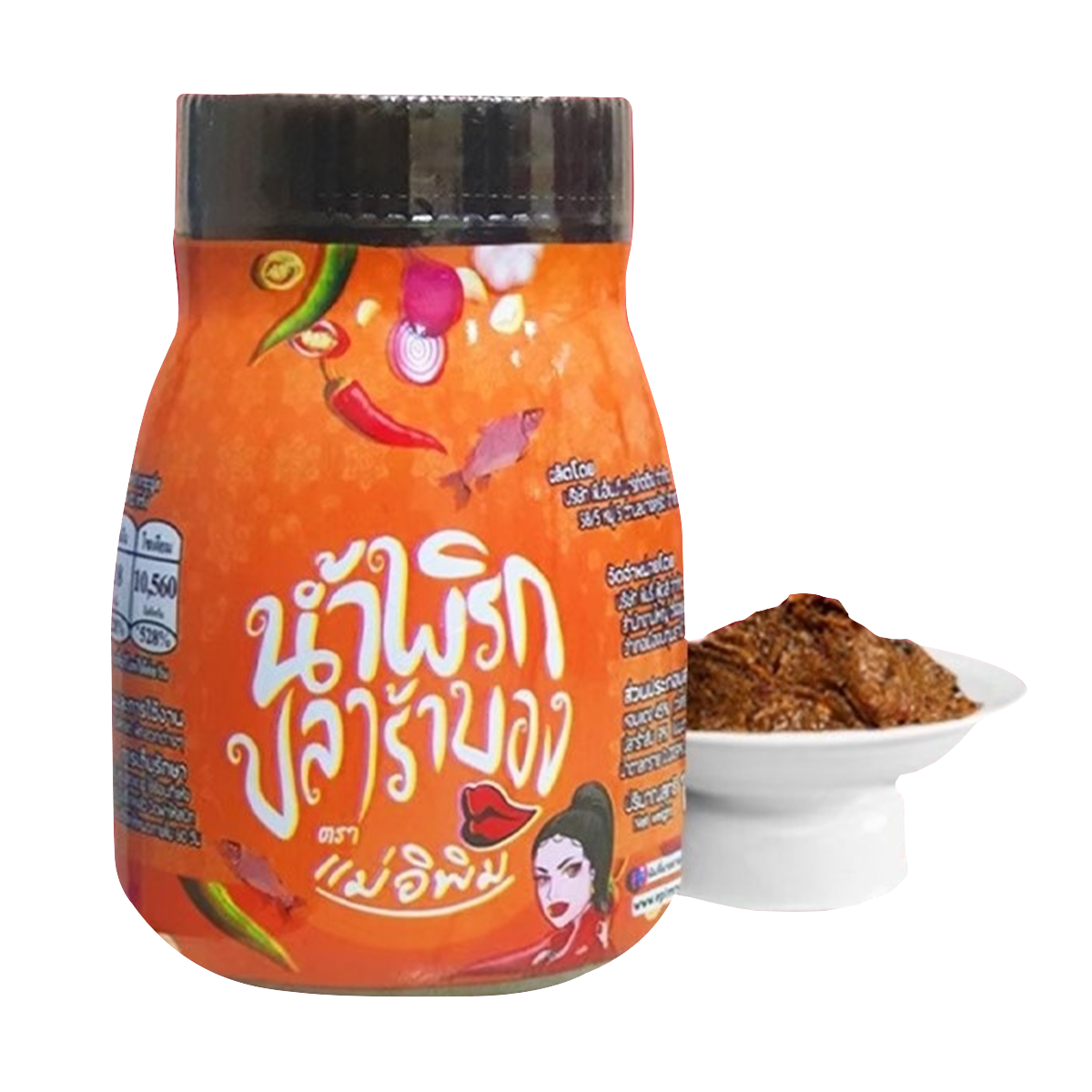 Mea E Pim fermented fish chili paste in a jar, showcasing the vibrant red chili and fermented fish ingredients.
